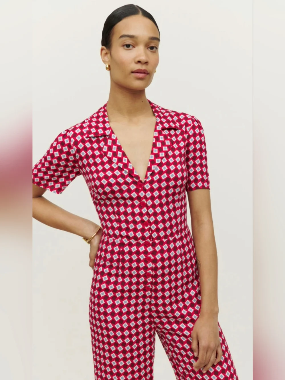 Reformation Bev Jumpsuit In A Diamond Print Size 8 - Picture 8 of 8